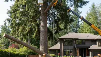 Arborists using bucket truck for large tree removal at Bellevue home near Seattle, WA