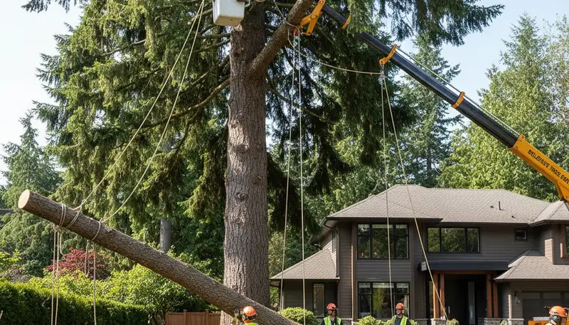 Arborists using bucket truck for large tree removal at Bellevue home near Seattle, WA