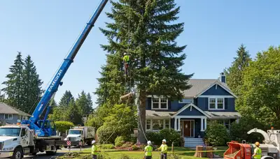 Arborists removing large tree with bucket truck in Bothell, WA for Seattle tree removal service