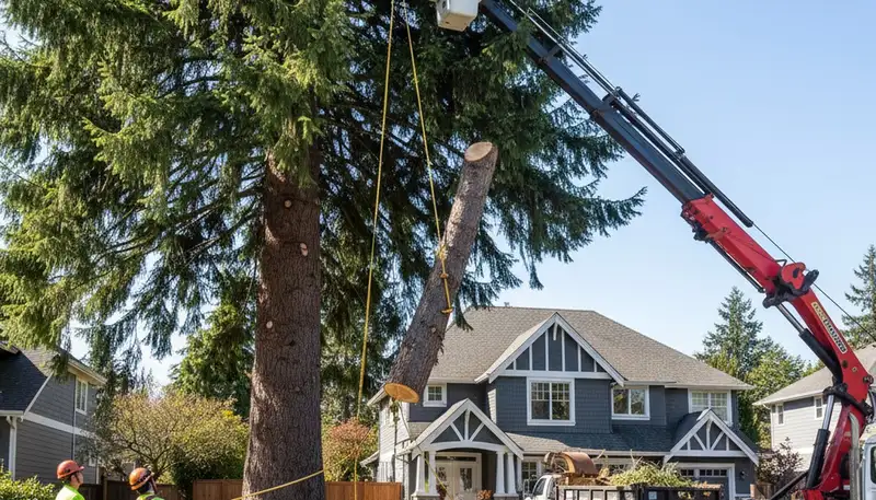 Arborists using bucket truck for large tree removal at Kirkland home near Seattle, WA