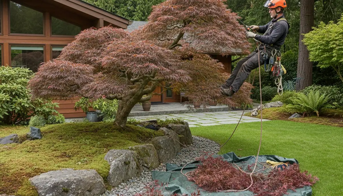 Arborist hand pruning Japanese maple for ornamental tree shaping in Seattle, WA residential landscape