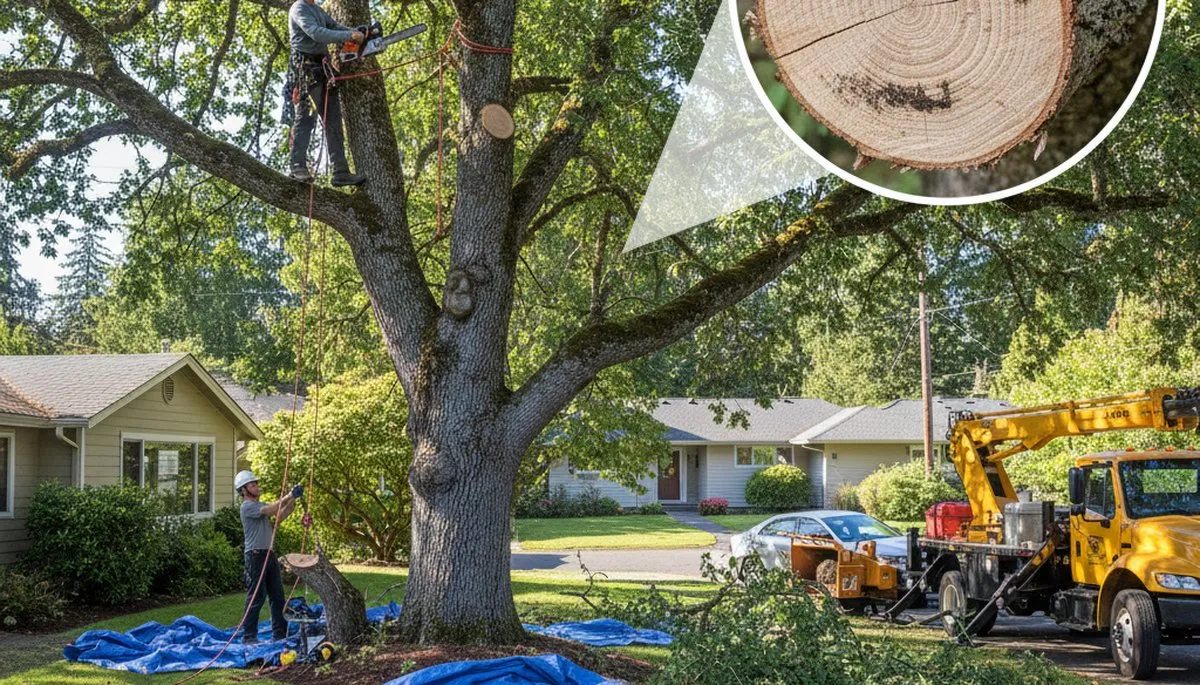 Arborist removing dead branches from mature tree in Seattle, WA with professional trimming equipment