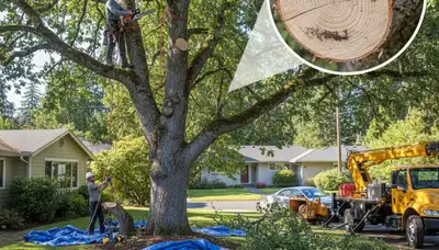 Arborist removing dead branches from mature tree in Seattle, WA with professional trimming equipment