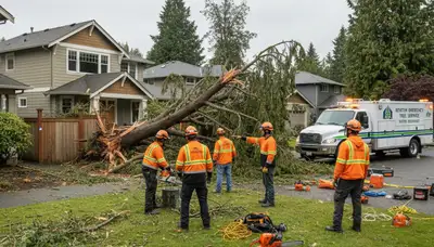 Emergency tree removal crew clearing storm-damaged trees in Renton, WA after severe windstorm
