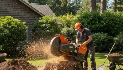 Professional stump grinding service removing tree stumps in Bainbridge Island, WA for lawn restoration