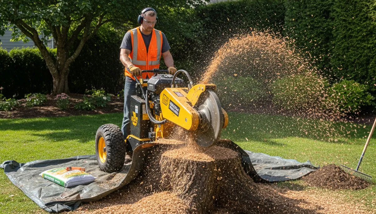 Professional stump grinding service removing tree stumps in Bellevue, WA for lawn restoration
