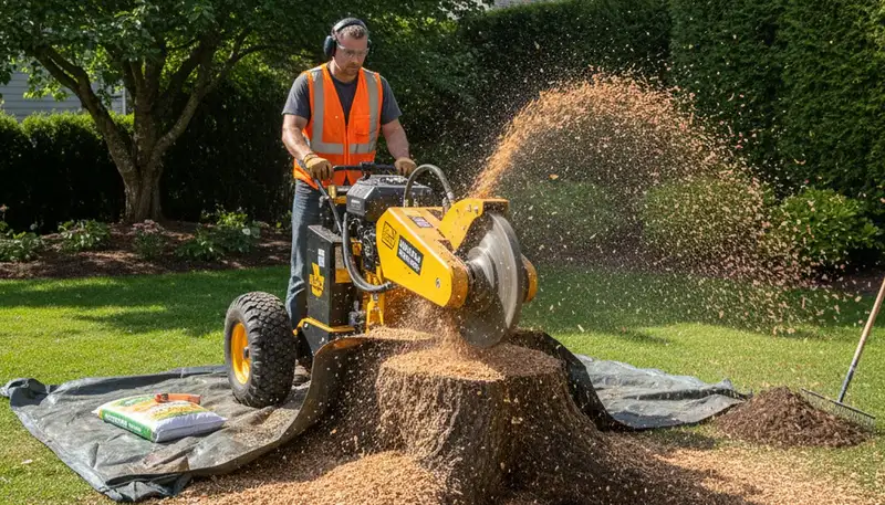 Professional stump grinding service removing tree stumps in Bellevue, WA for lawn restoration