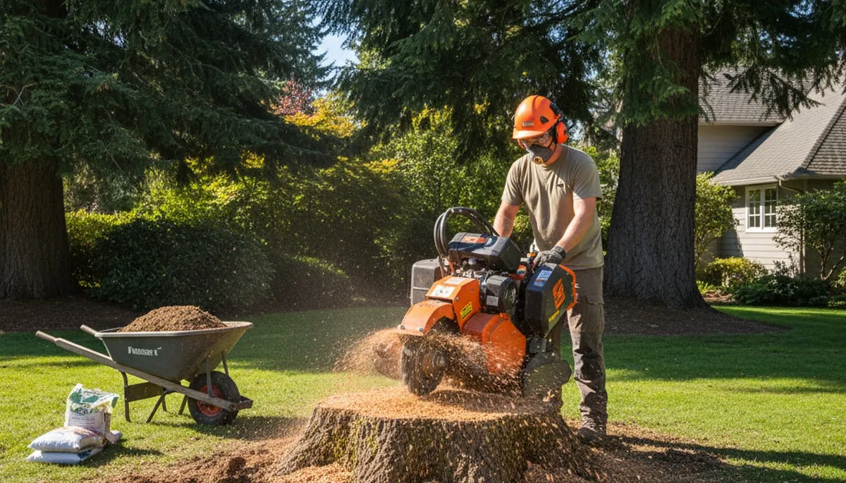 Professional stump grinding service removing tree stumps in Mercer Island, WA for lawn restoration