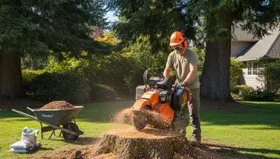 Professional stump grinding service removing tree stumps in Mercer Island, WA for lawn restoration
