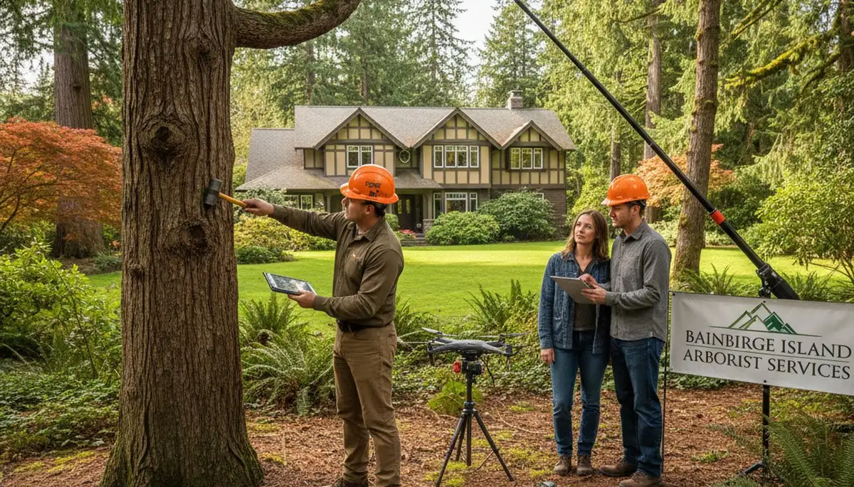 Certified arborist performing tree health assessment in Bainbridge Island, WA for Seattle tree removal service