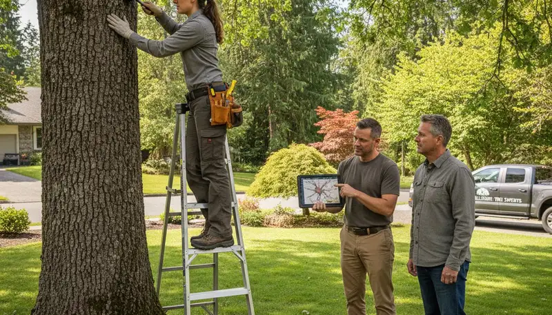 Certified arborist performing tree health assessment in Bellevue, WA for Seattle tree removal services