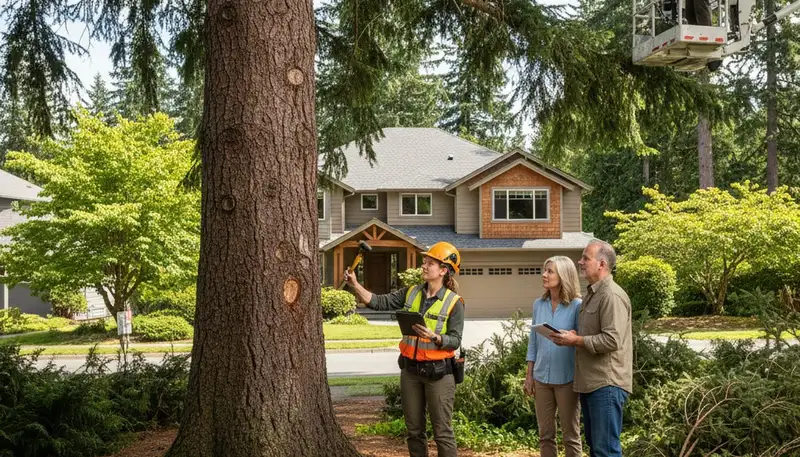 Certified arborist performing tree health assessment in Kirkland, WA for Seattle tree removal services