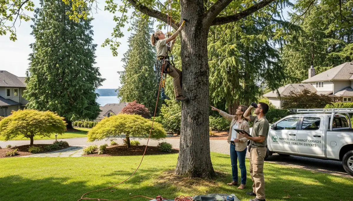 Certified arborist performing tree health assessment for homeowners in Mercer Island, WA