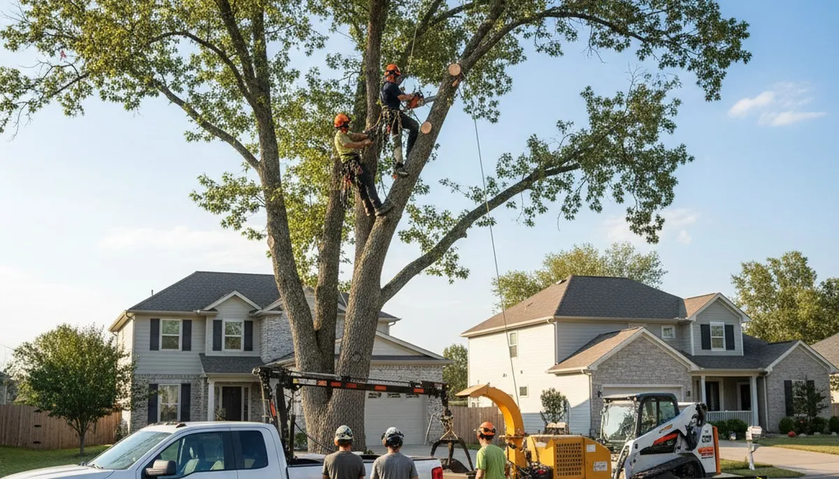 Professional arborists performing safe tree removal in Seattle, WA backyard