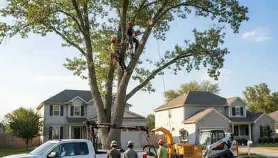 Professional arborists performing safe tree removal in Seattle, WA backyard